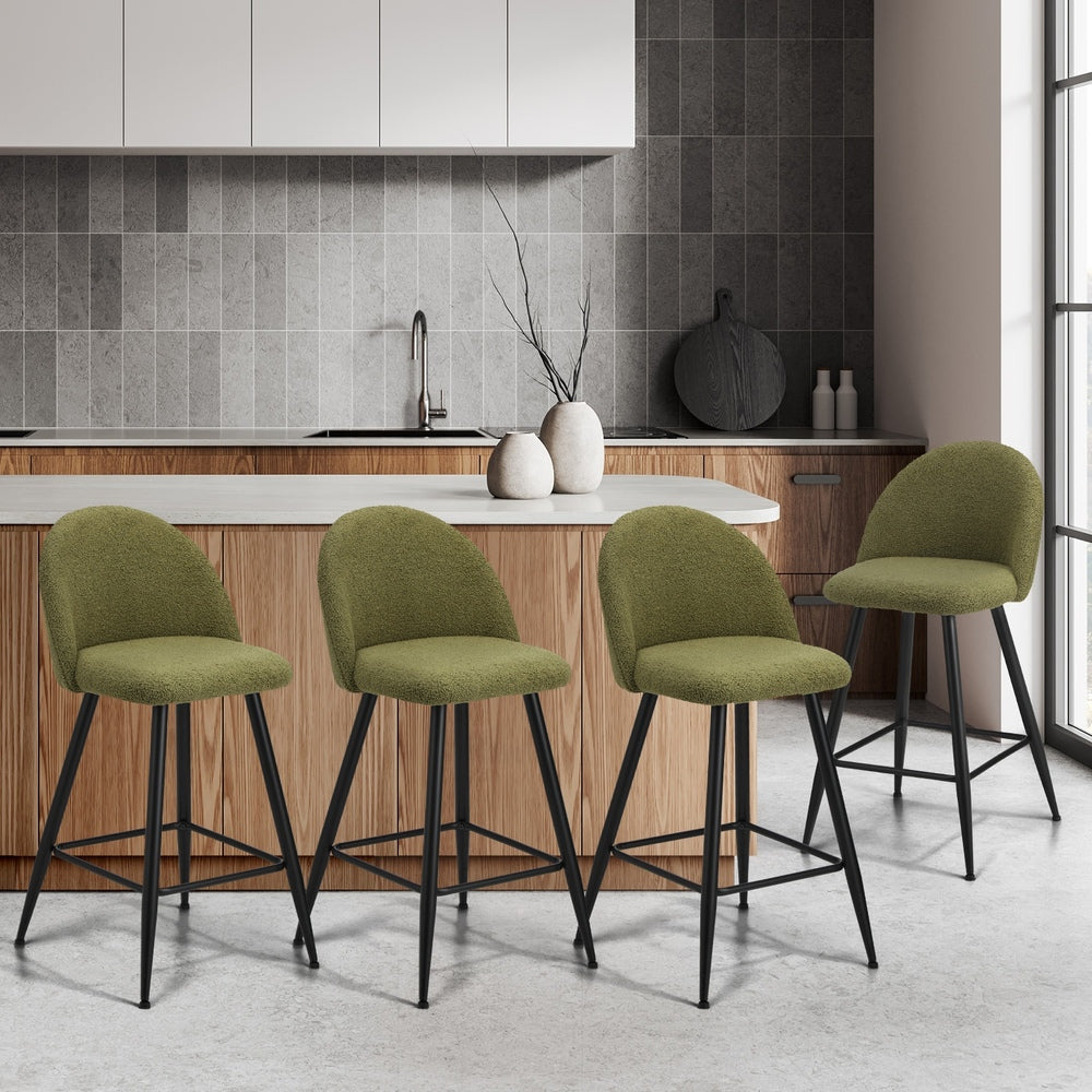 Oikiture 4x Bar Stools Kitchen Counter Stool Green Boucle Padded