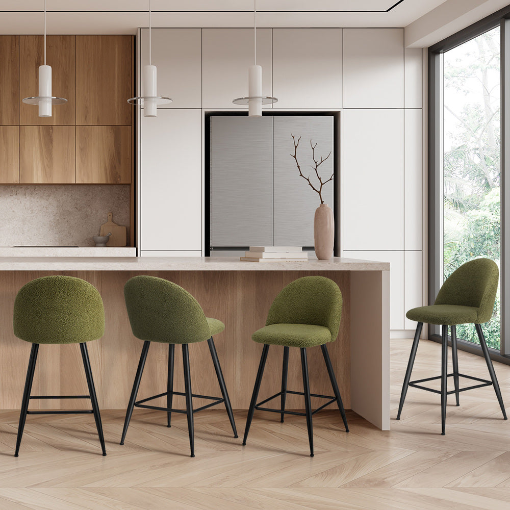Oikiture 4x Bar Stools Kitchen Counter Stool Green Boucle Padded