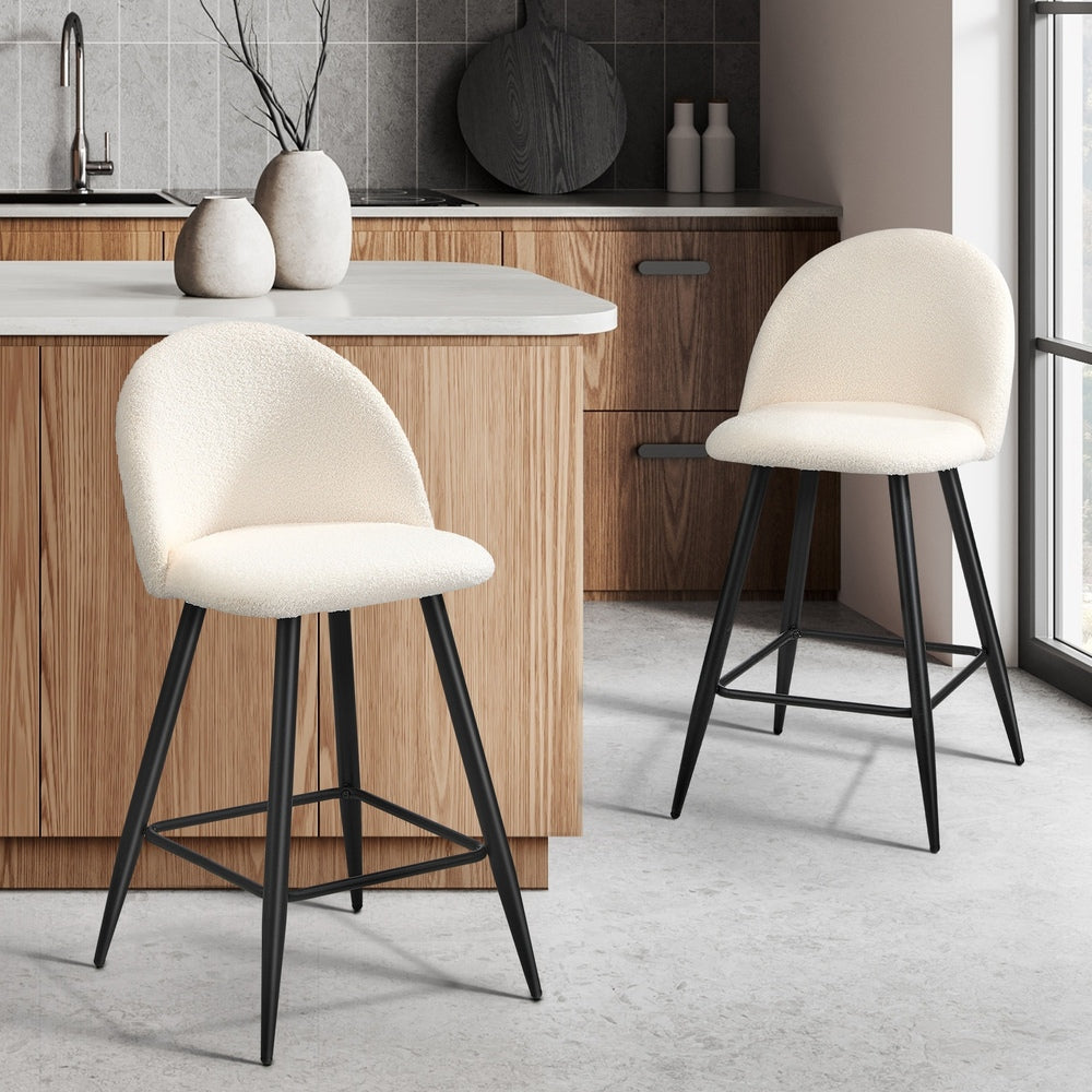 Oikiture 2x Bar Stools Kitchen Counter Stool White Boucle Padded