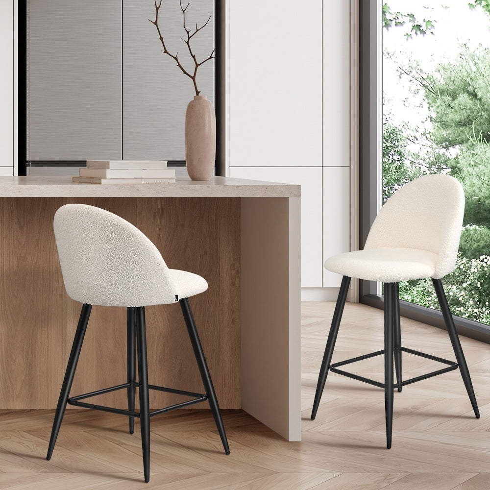 Oikiture 2x Bar Stools Kitchen Counter Stool White Boucle Padded