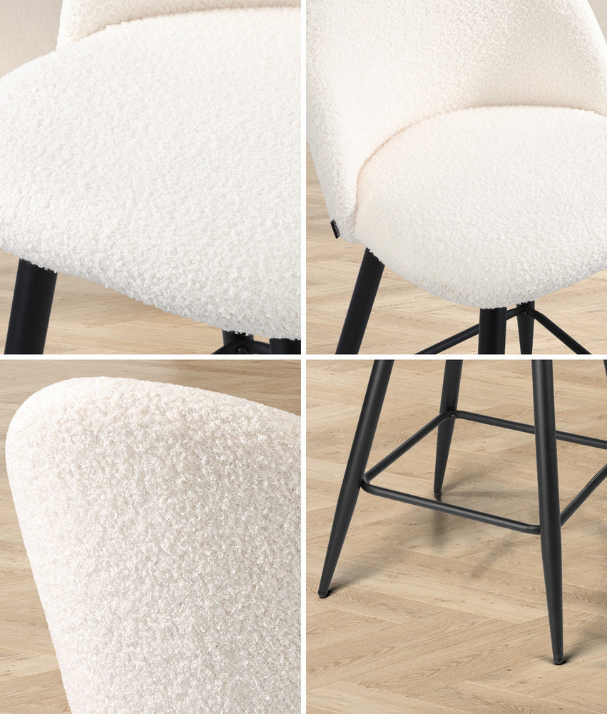 Oikiture 2x Bar Stools Kitchen Counter Stool White Boucle Padded