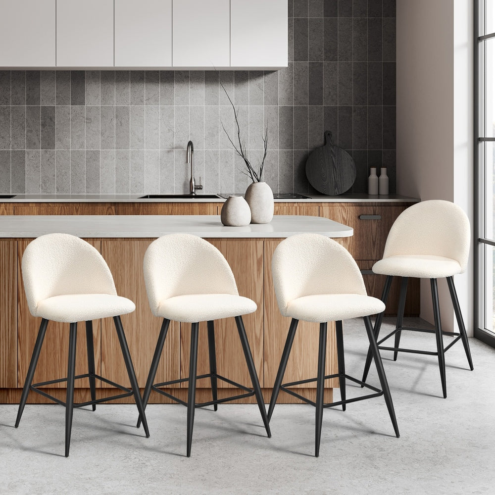 Oikiture 4x Bar Stools Kitchen Counter Stool White Boucle Padded