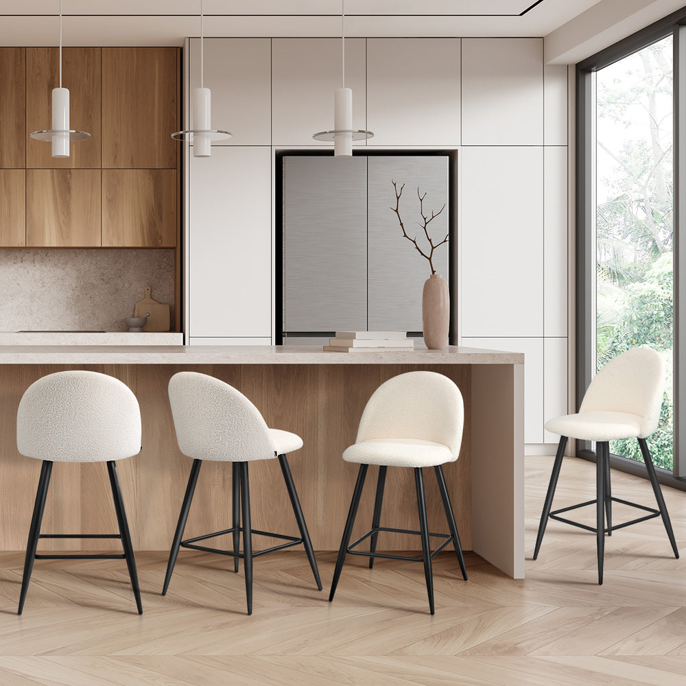 Oikiture 4x Bar Stools Kitchen Counter Stool White Boucle Padded