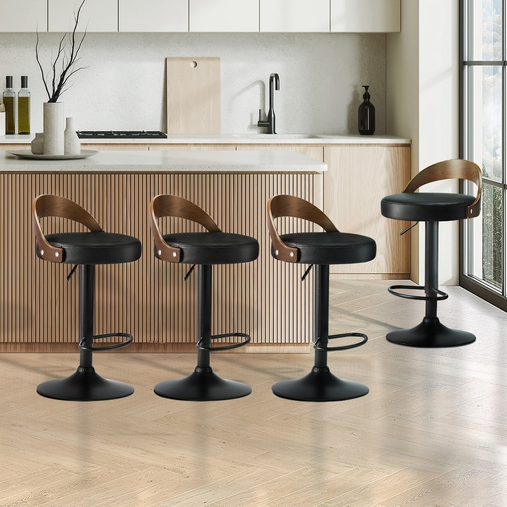 Oikiture 4x Bar Stools with Gas Lift Swivel Wooden PU Leather