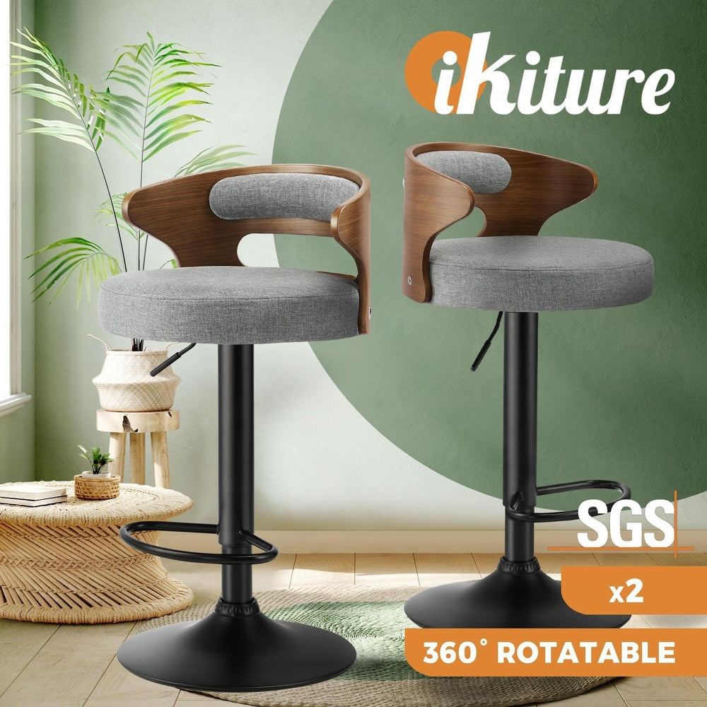 Oikiture Bar Stools Gas Lift Swivel Wooden Grey x2
