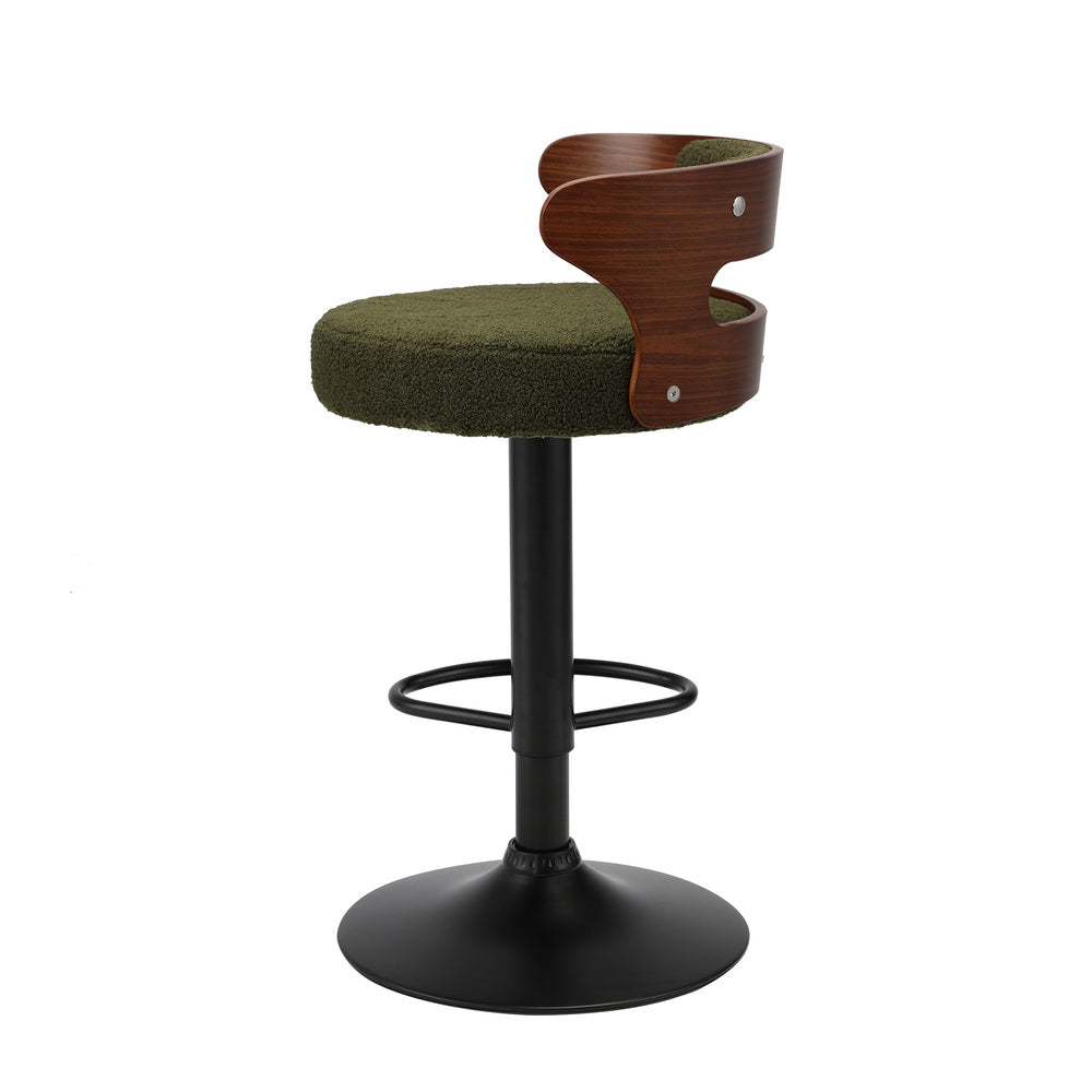 Oikiture 2x Bar Stools Gas Lift Swivel Chairs Wooden Boucle Green