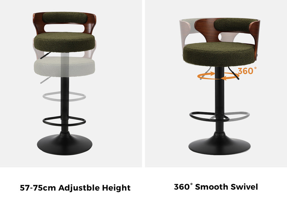 Oikiture 2x Bar Stools Gas Lift Swivel Chairs Wooden Boucle Green
