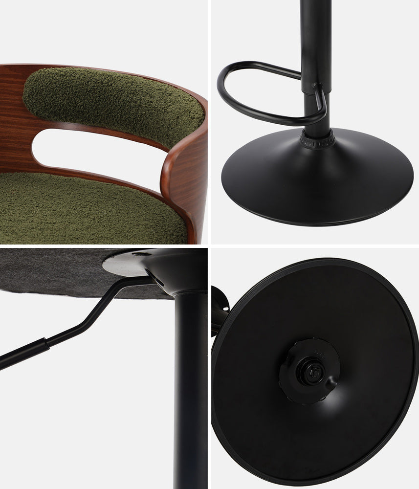 Oikiture 2x Bar Stools Gas Lift Swivel Chairs Wooden Boucle Green