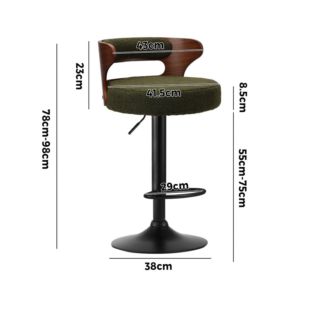 Oikiture 4x Bar Stools Gas Lift Swivel Chairs Wooden Boucle Green
