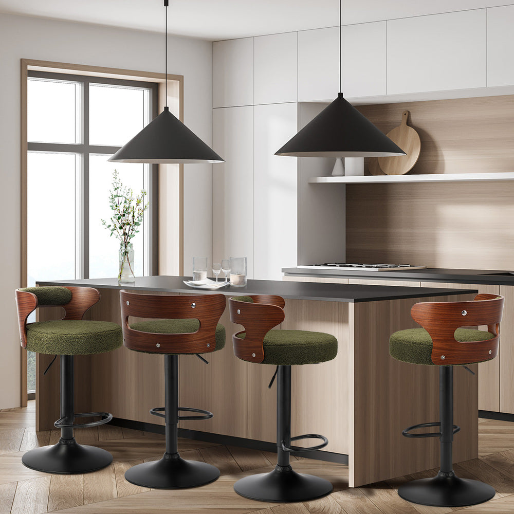 Oikiture 4x Bar Stools Gas Lift Swivel Chairs Wooden Boucle Green