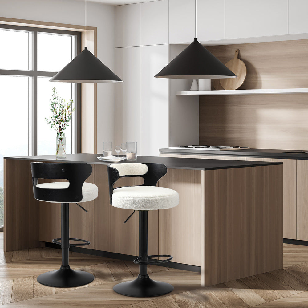 Oikiture 2x Bar Stools Gas Lift Swivel Chairs Wooden Boucle White