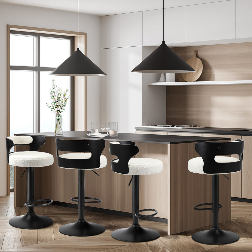 Oikiture 4x Bar Stools Gas Lift Swivel Chairs Wooden Boucle White