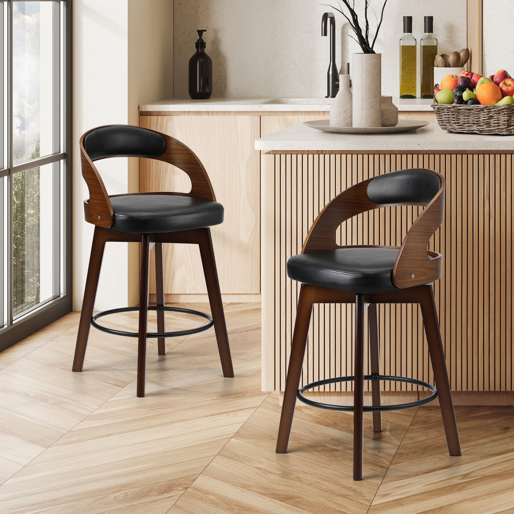 Oikiture 2x Bar Stools Swivel PU Leather Black