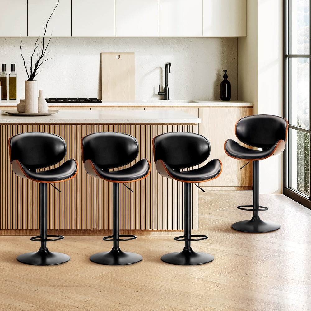 Oikiture Set of 4 Bar Stools Swivel Wooden Leather Gas Lift