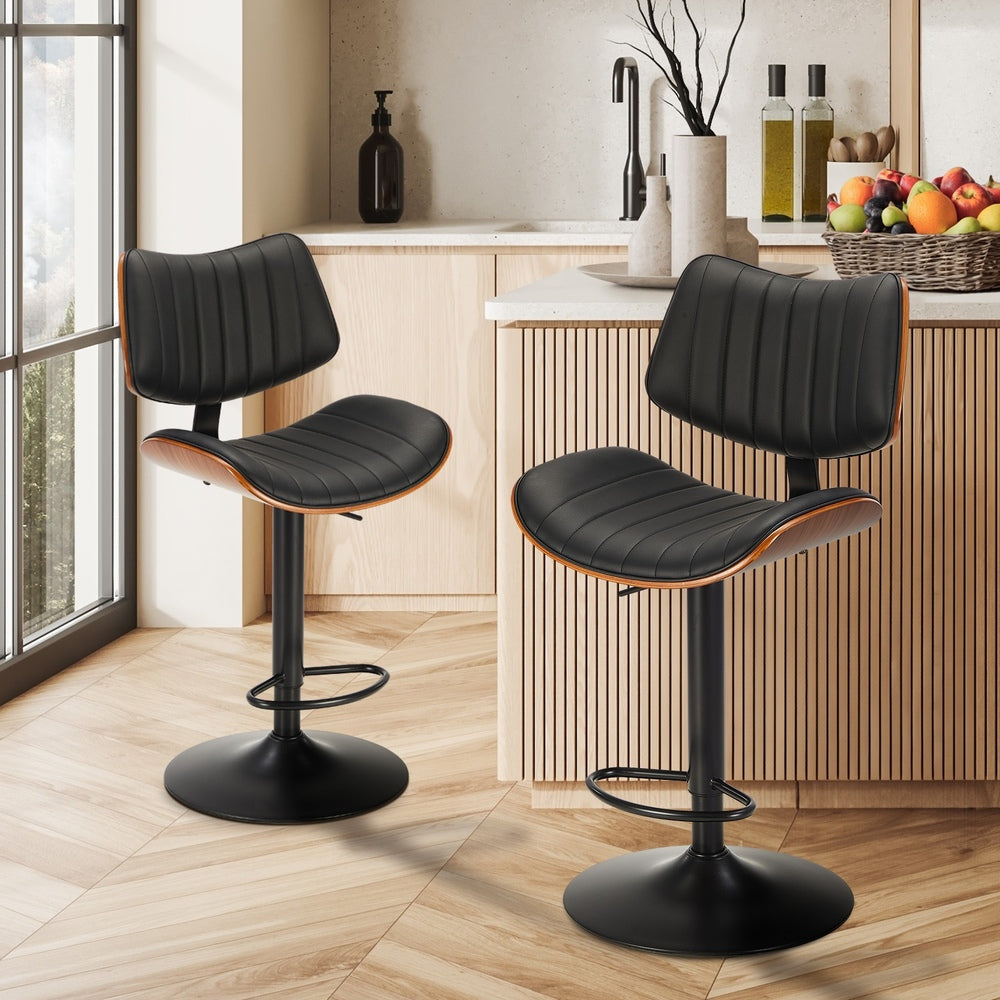 Oikiture 2x Bar Stool Kitchen Swivel Chair Wooden Leather Gas Lift Black