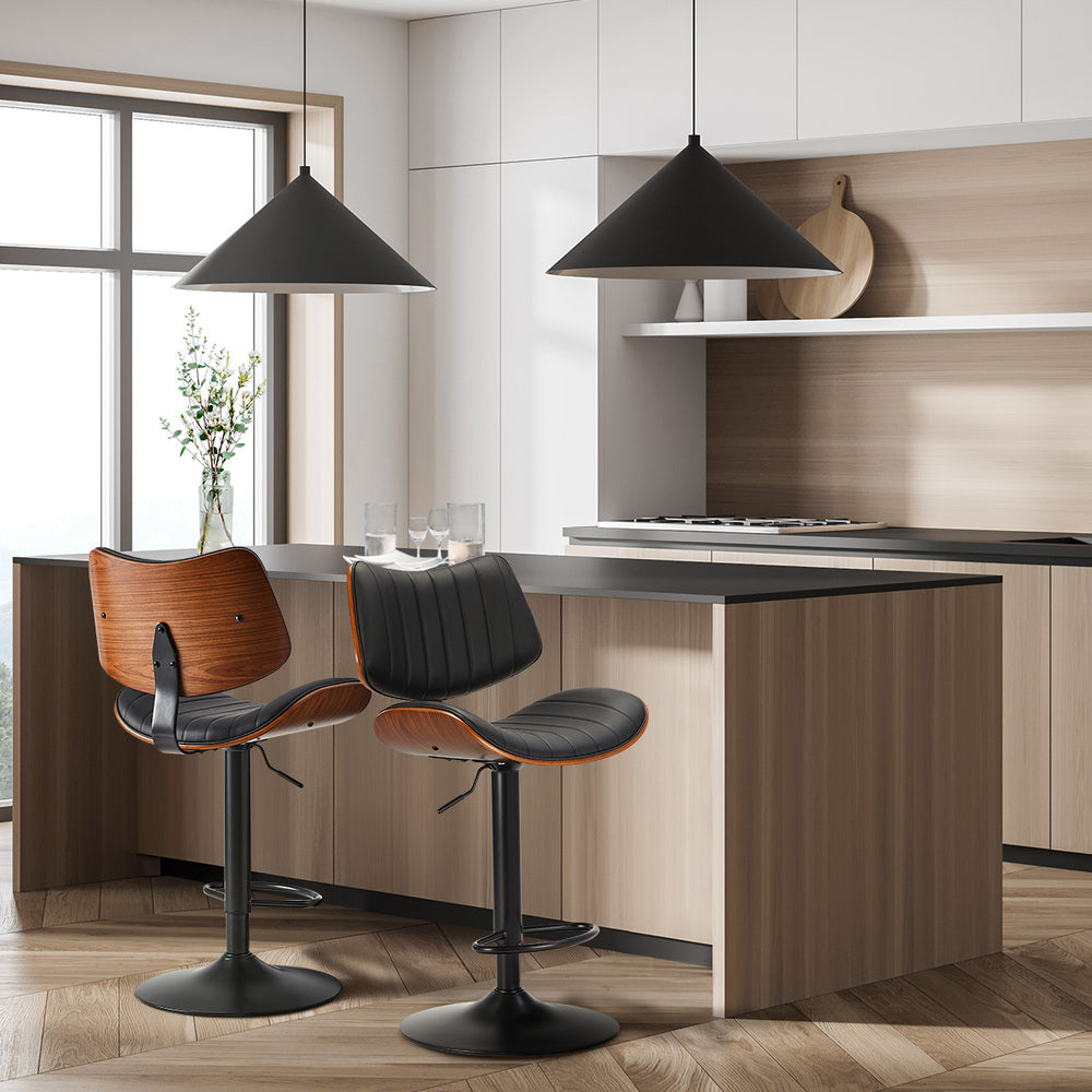 Oikiture 2x Bar Stool Kitchen Swivel Chair Wooden Leather Gas Lift Black
