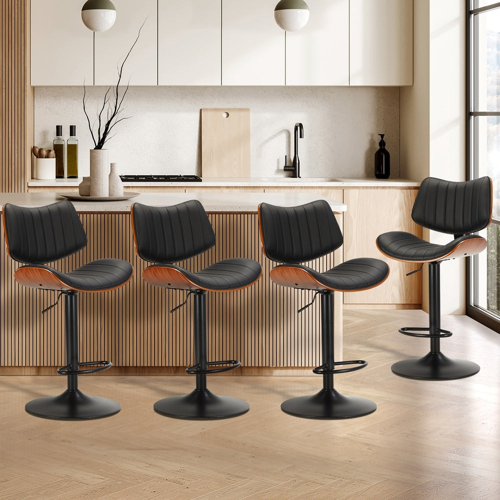 Oikiture 4x Bar Stool Kitchen Swivel Chair Wooden Leather Gas Lift
