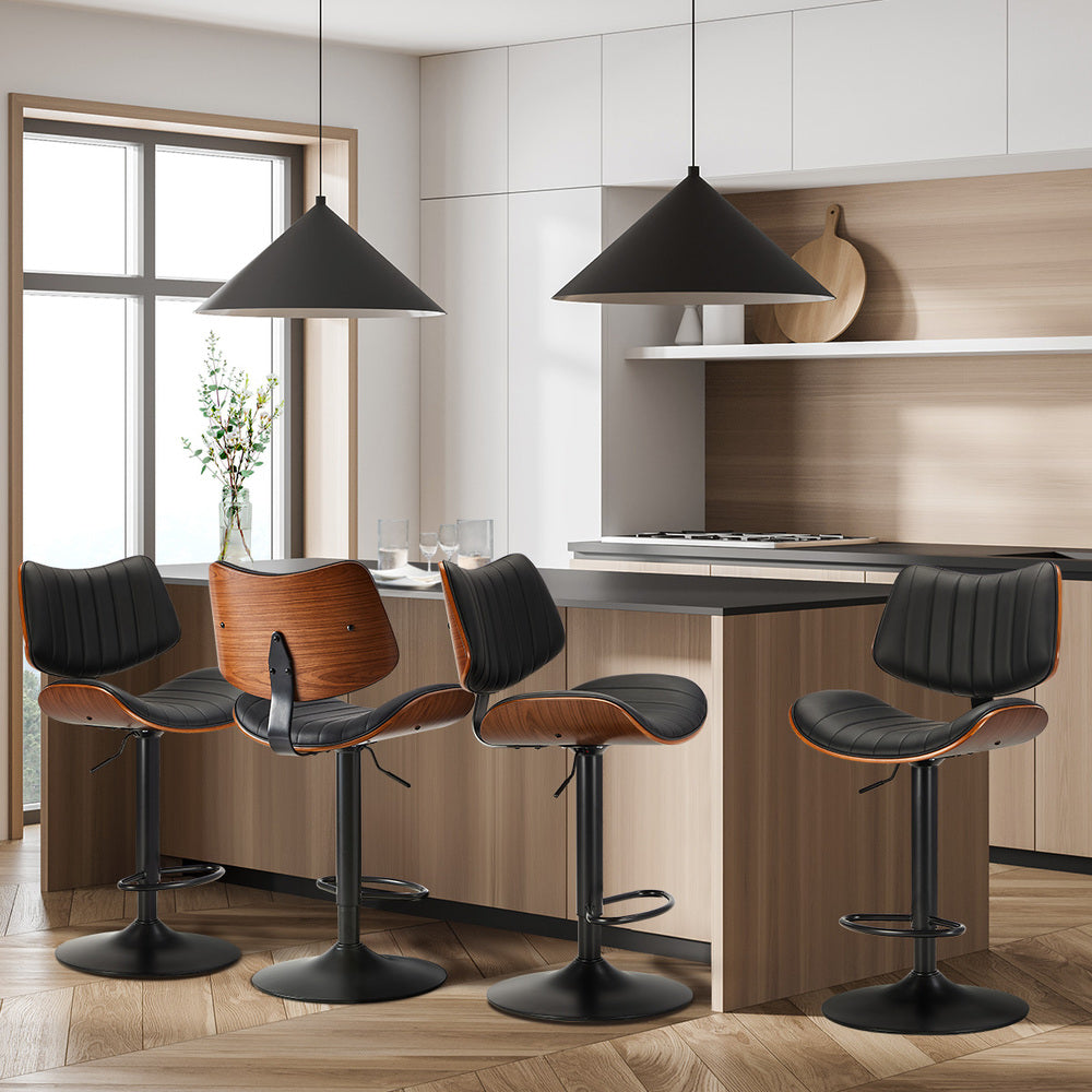 Oikiture 4x Bar Stool Kitchen Swivel Chair Wooden Leather Gas Lift