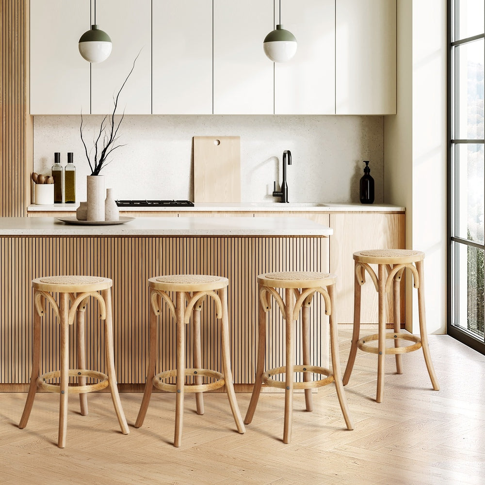 Oikiture 4x Bar Stools Dining Chair Rattan Seat Natural