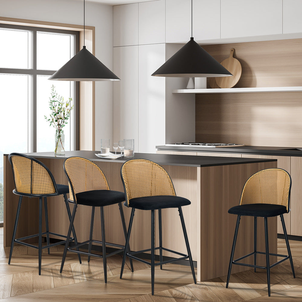 Oikiture 4x Bar Stools Rattan Dining Chair Velvet Black
