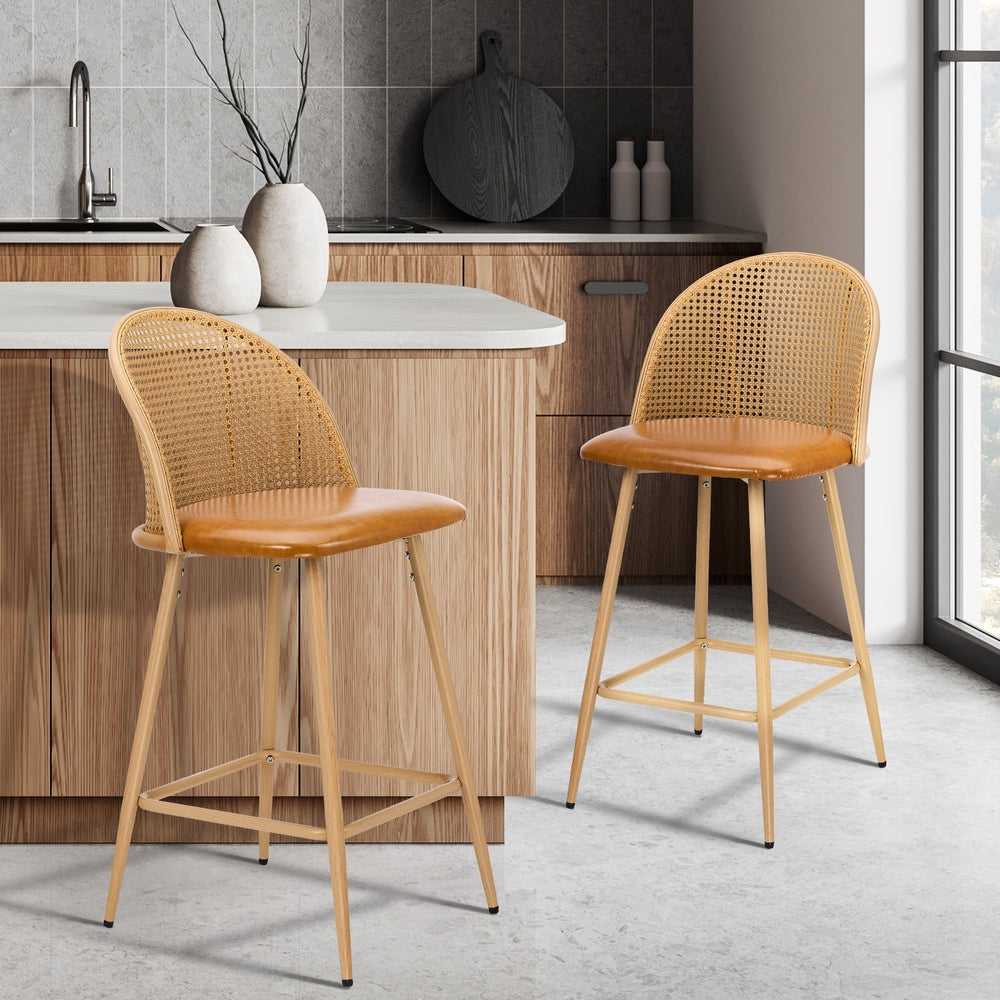 Oikiture 2x Bar Stools Rattan Dining Chair Natural PU Brown