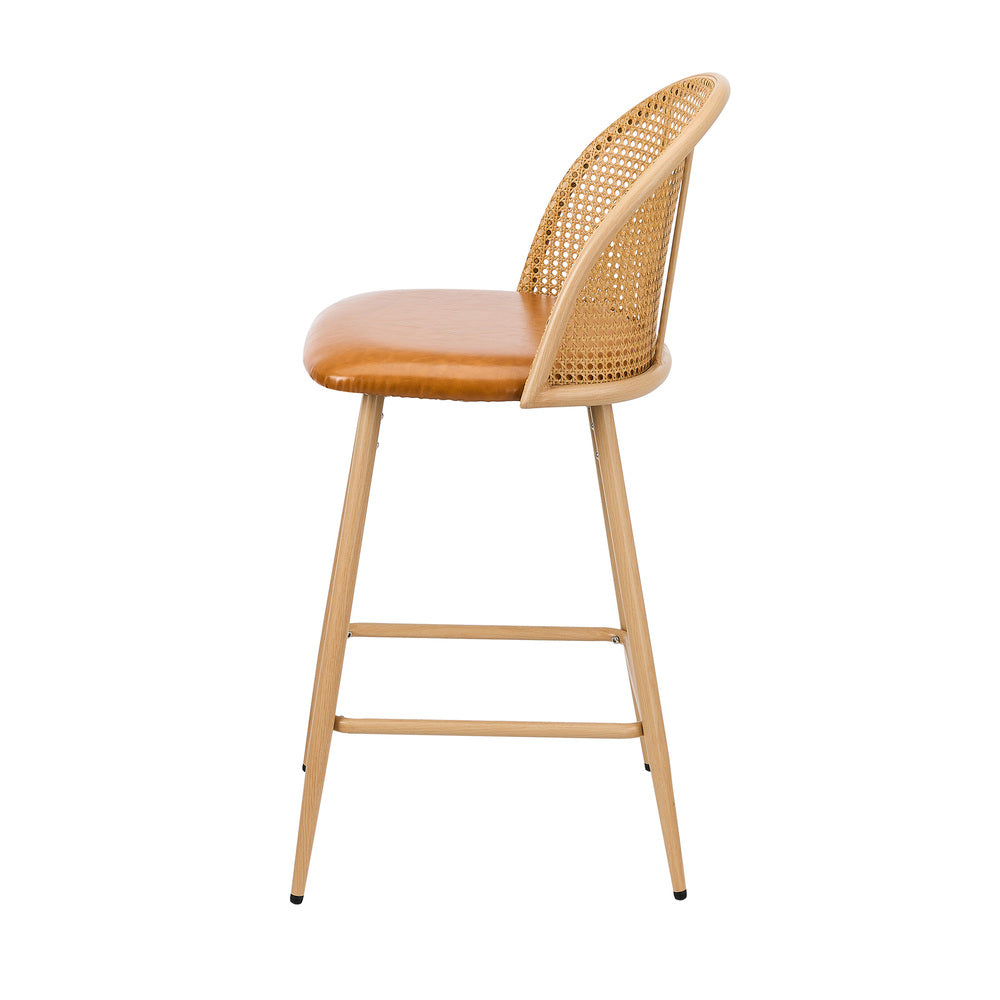 Oikiture 2x Bar Stools Rattan Dining Chair Natural PU Brown