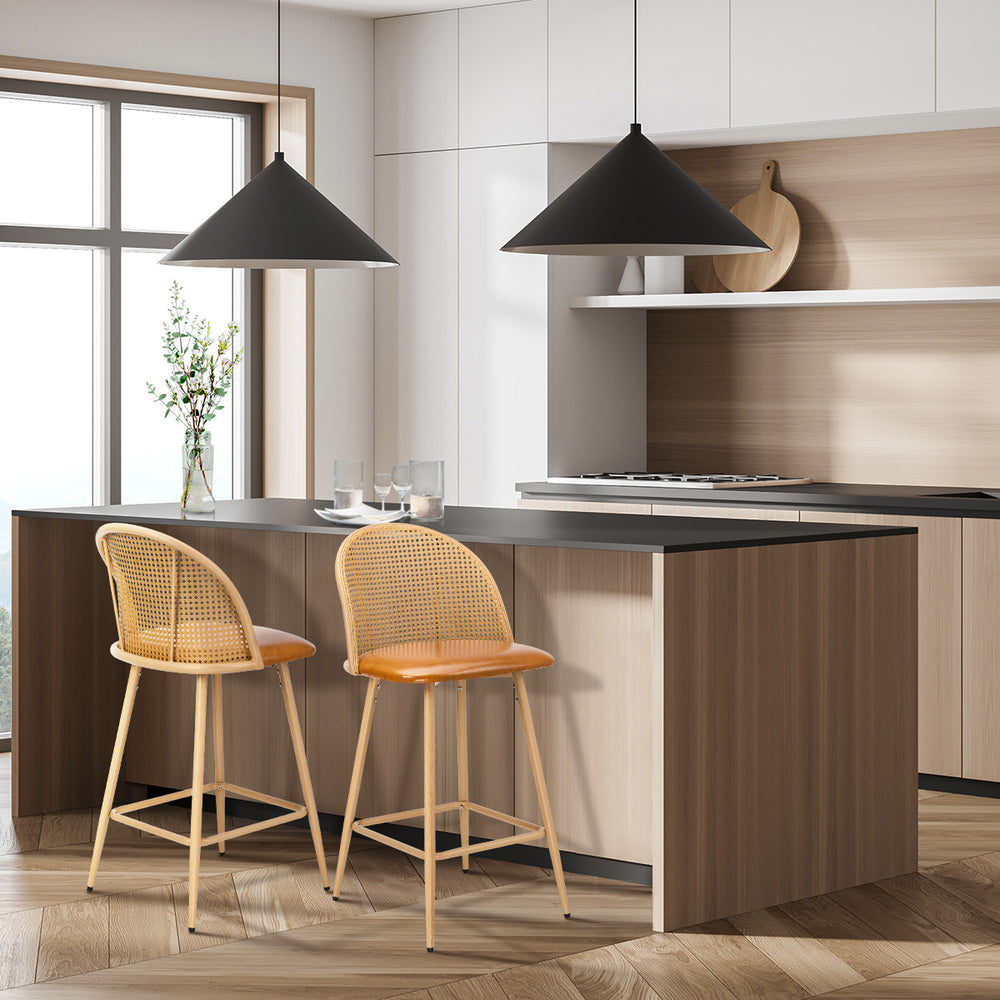 Oikiture 2x Bar Stools Rattan Dining Chair Natural PU Brown