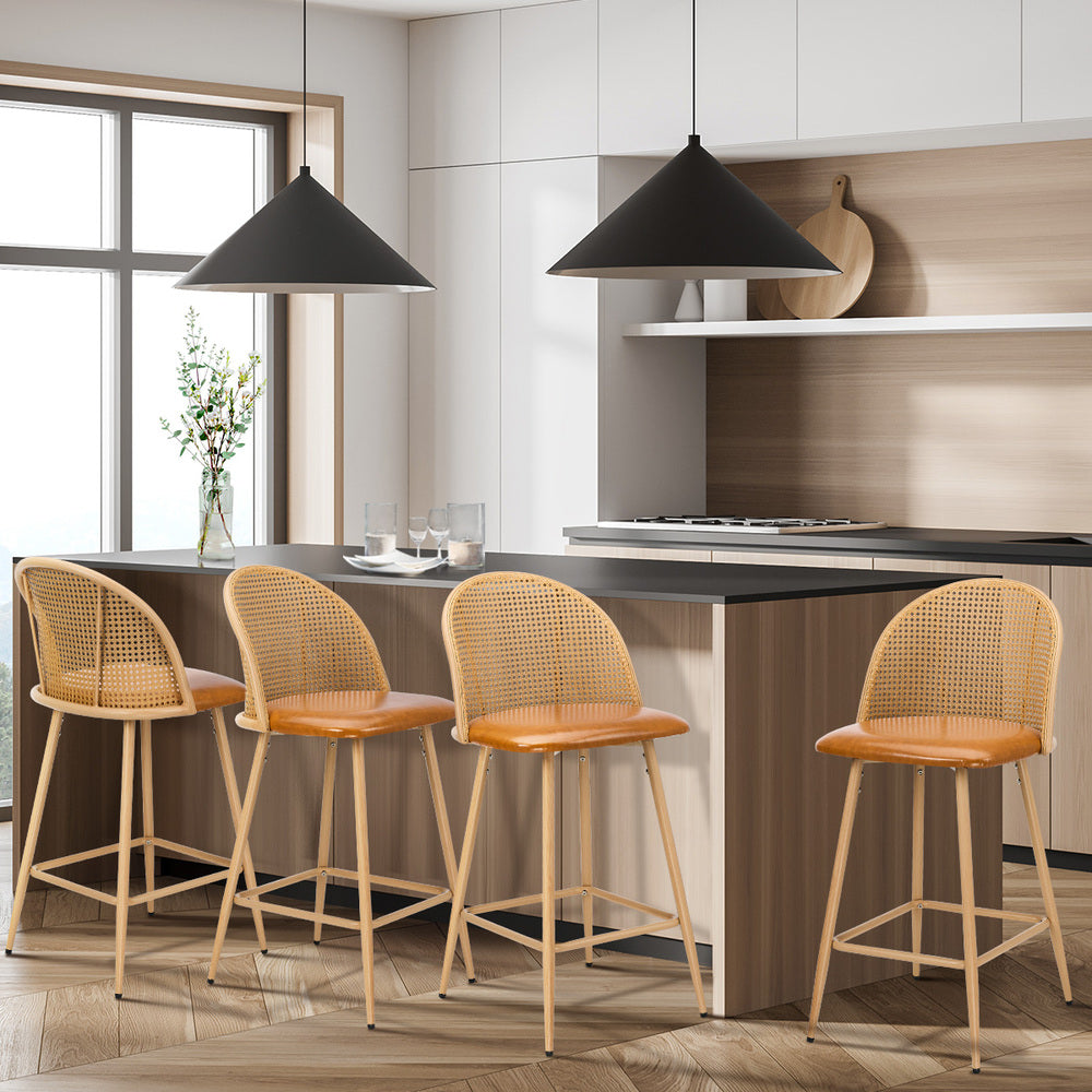 Oikiture 4x Bar Stools Rattan Dining Chair Natural PU Brown
