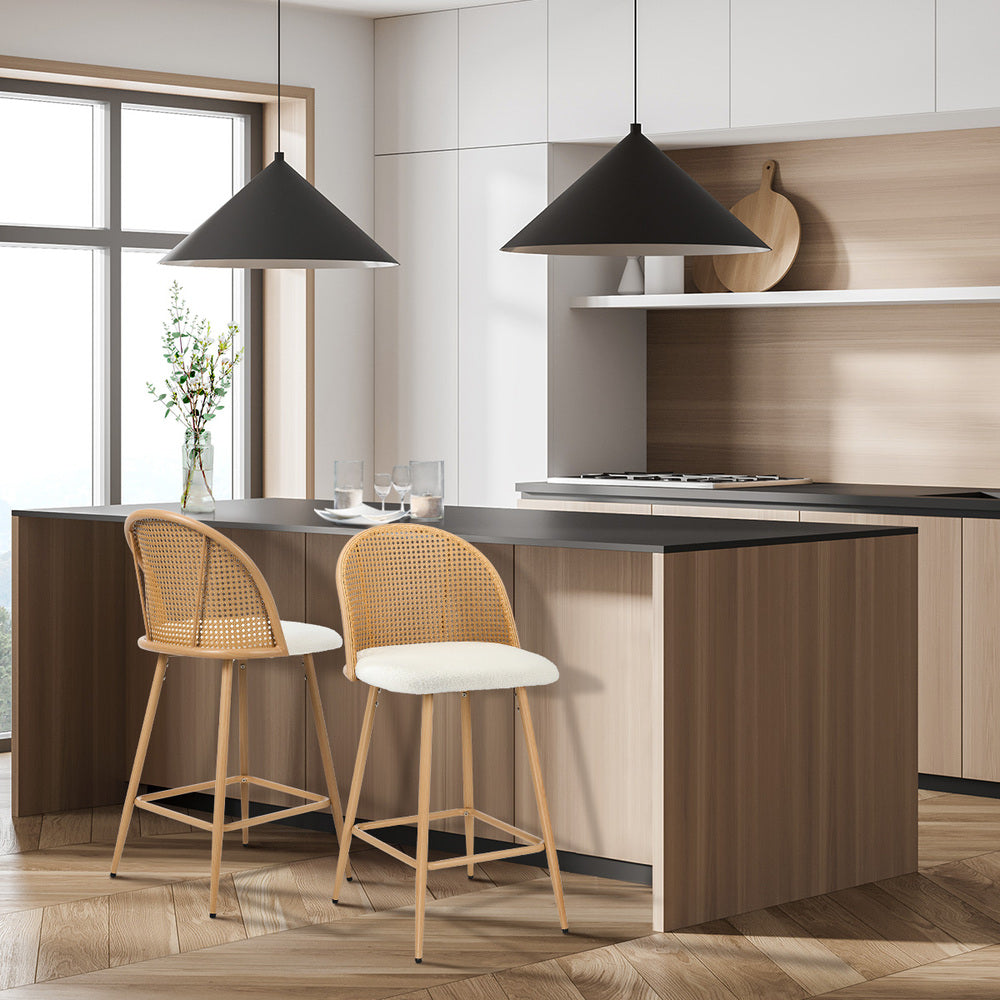 Oikiture 2x Bar Stools Rattan Dining Chair Natural Boucle White