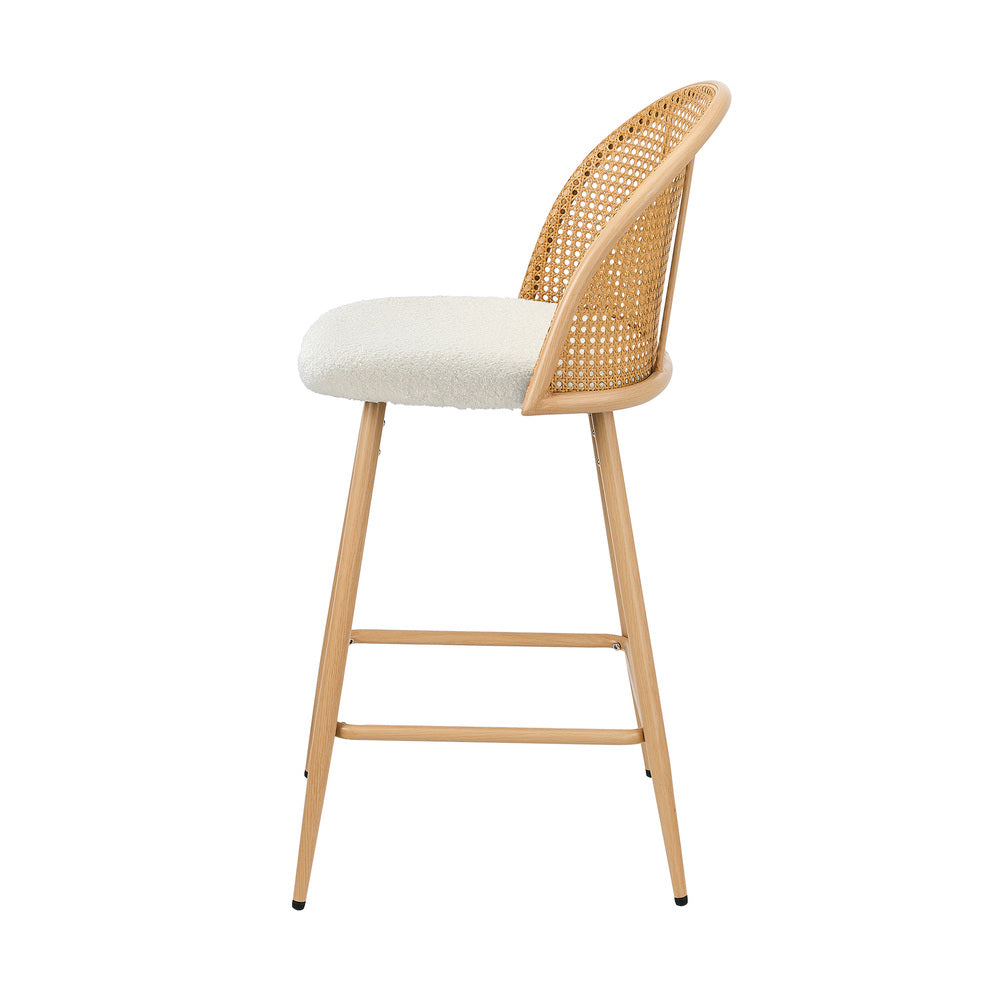 Oikiture 4x Bar Stools Rattan Dining Chair Natural Boucle White