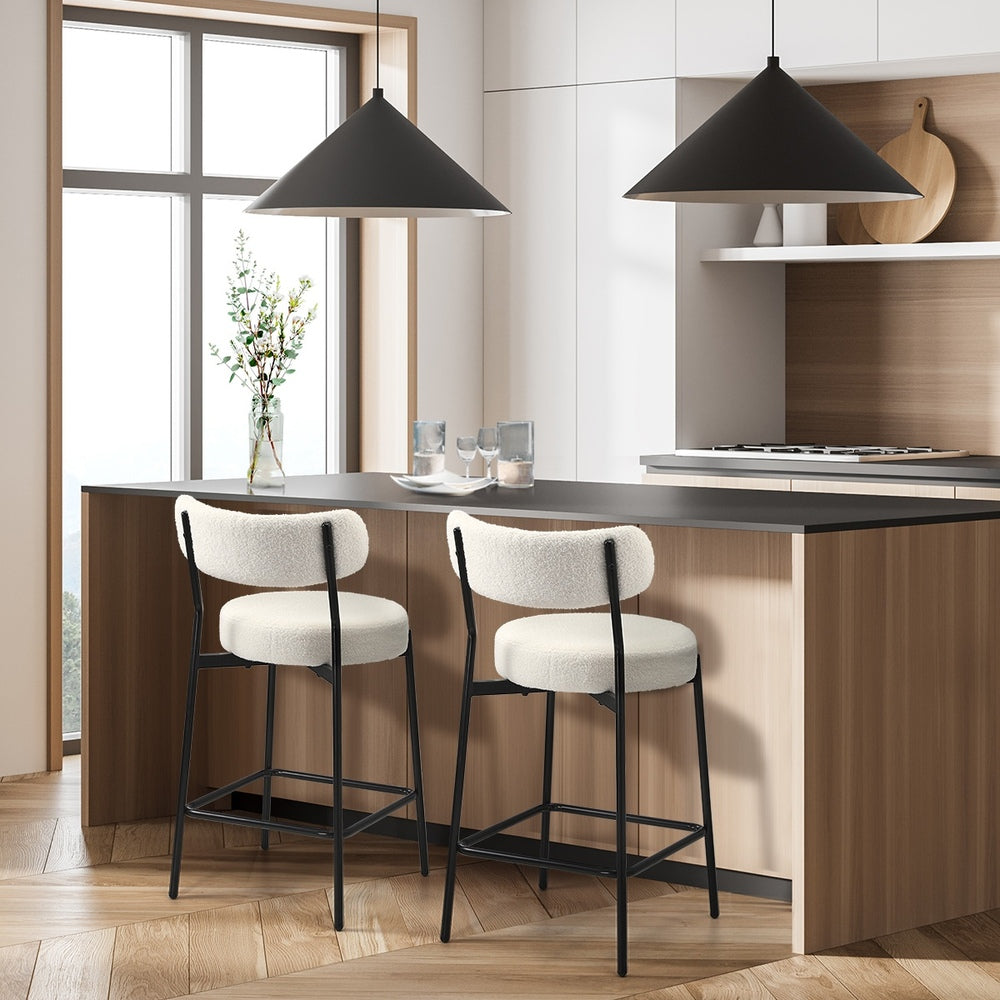 Oikiture 2x Bar Stools Kitchen Dining Stool Boucle Fabric White