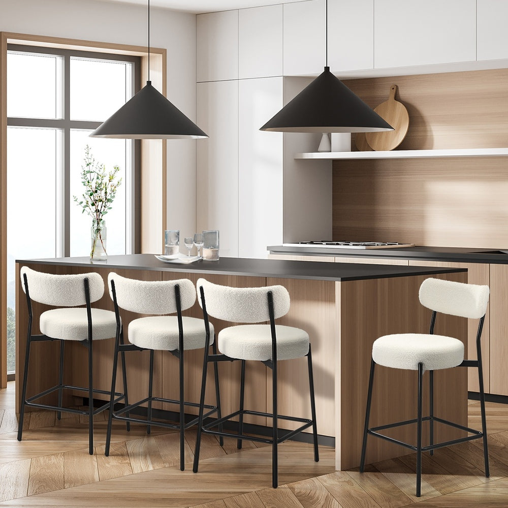 Oikiture 4x Bar Stools Kitchen Dining Stool Boucle Fabric White