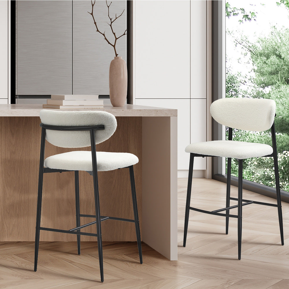 Oikiture 2x Bar Stools Boucle Fabric Black and White