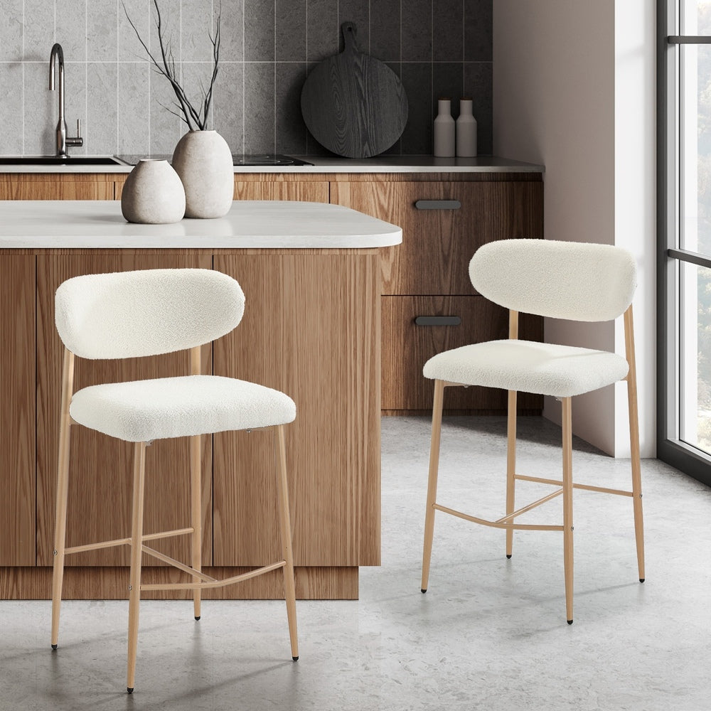 Oikiture 2x Bar Stools Boucle Fabric Natural White
