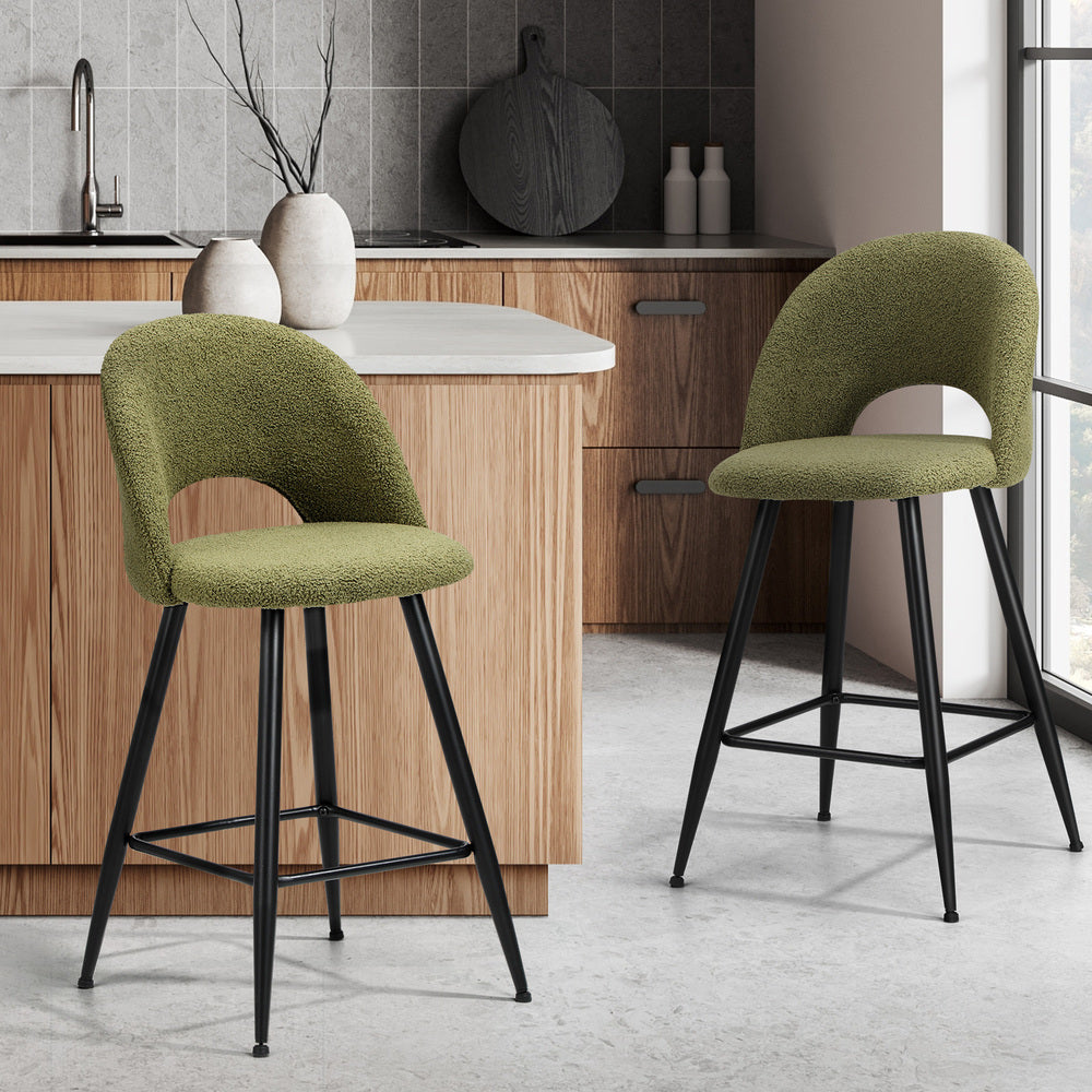 Oikiture 2x Bar Stools Kitchen Counter Stool Boucle Green HORN