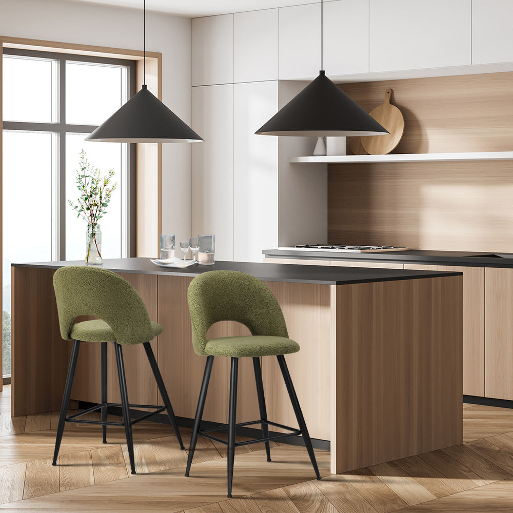 Oikiture 2x Bar Stools Kitchen Counter Stool Boucle Green HORN