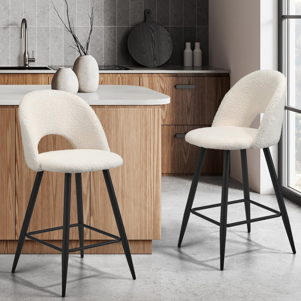 Oikiture 2x Bar Stools Kitchen Counter Stool Boucle White HORN