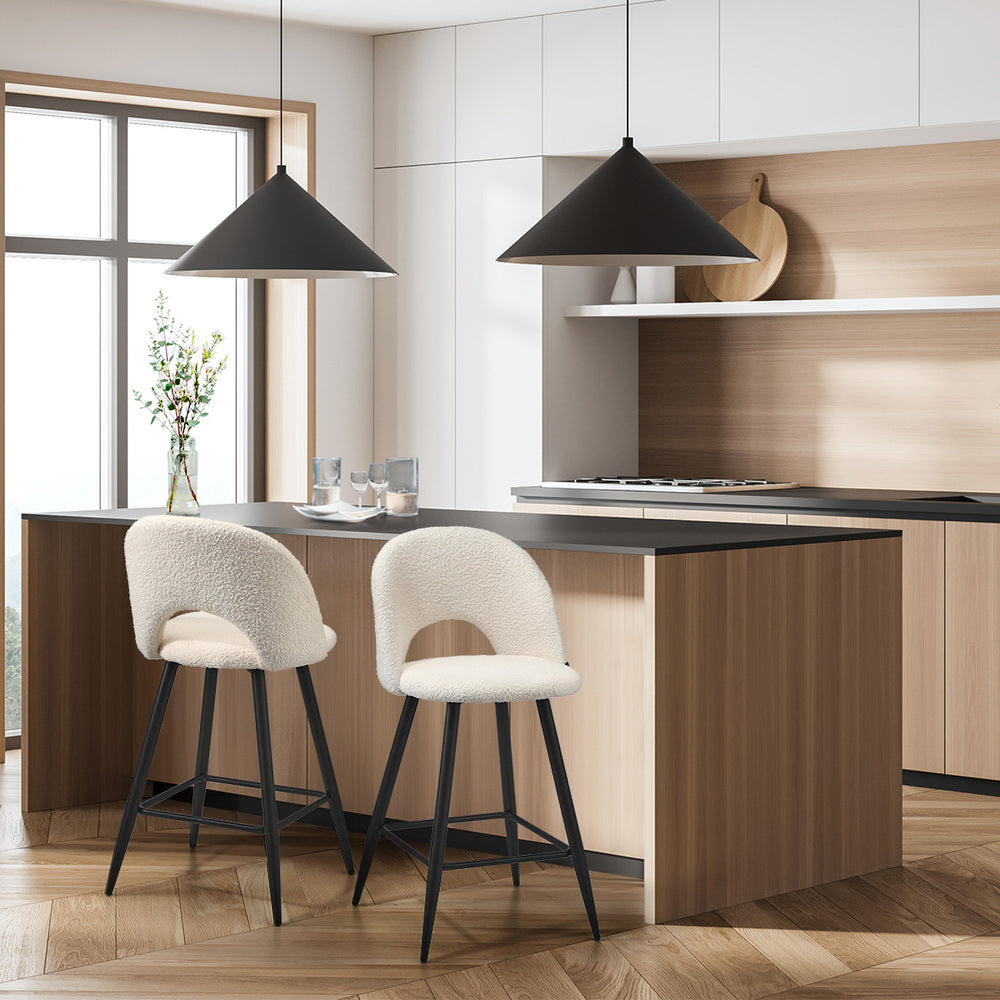 Oikiture 2x Bar Stools Kitchen Counter Stool Boucle White HORN