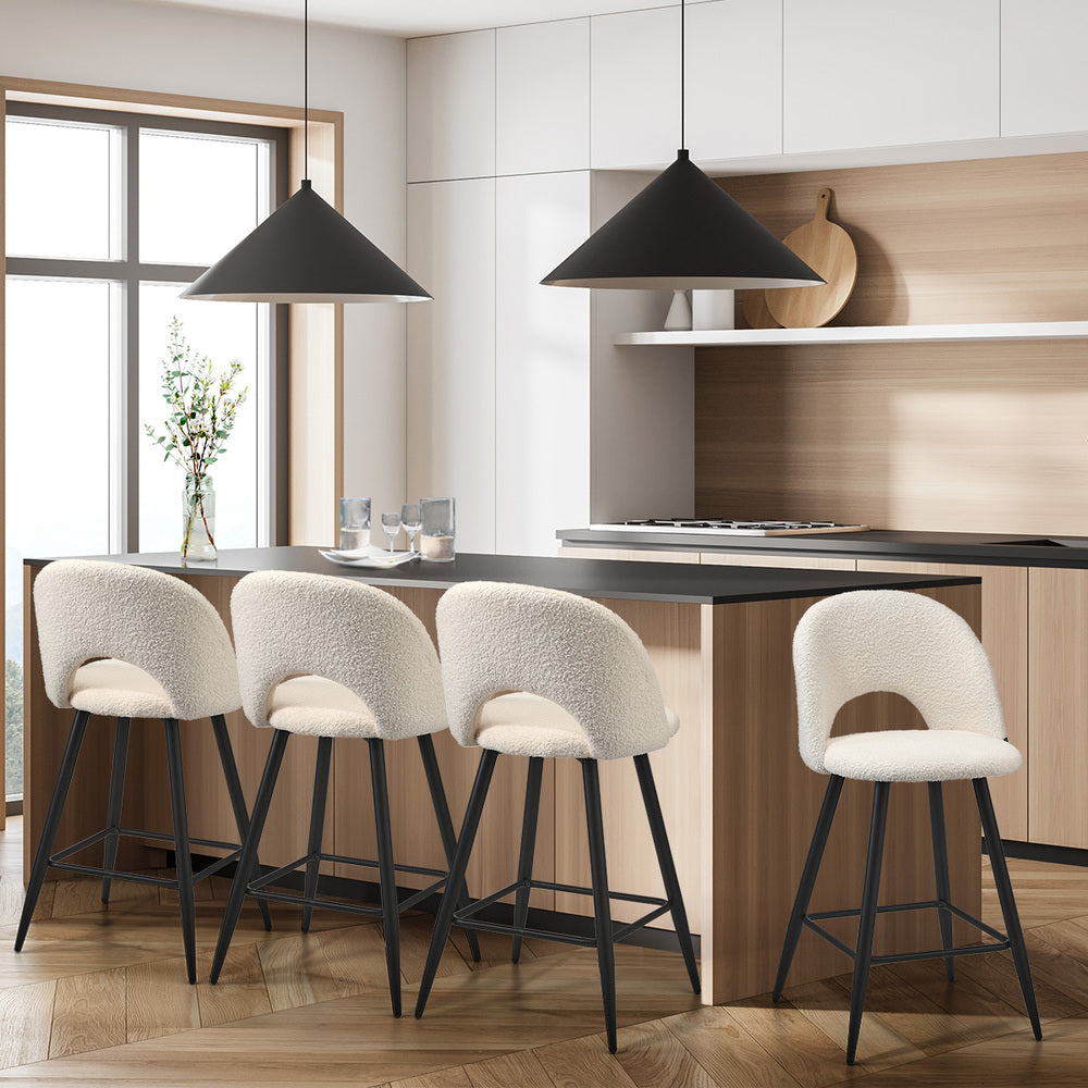 Oikiture 4x Bar Stools Kitchen Counter Stool Boucle White HORN