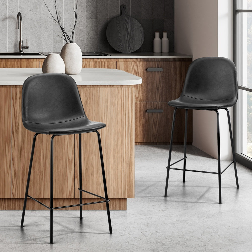 Oikiture 2x Bar Stools Kitchen Dining Chair PU Leather Black