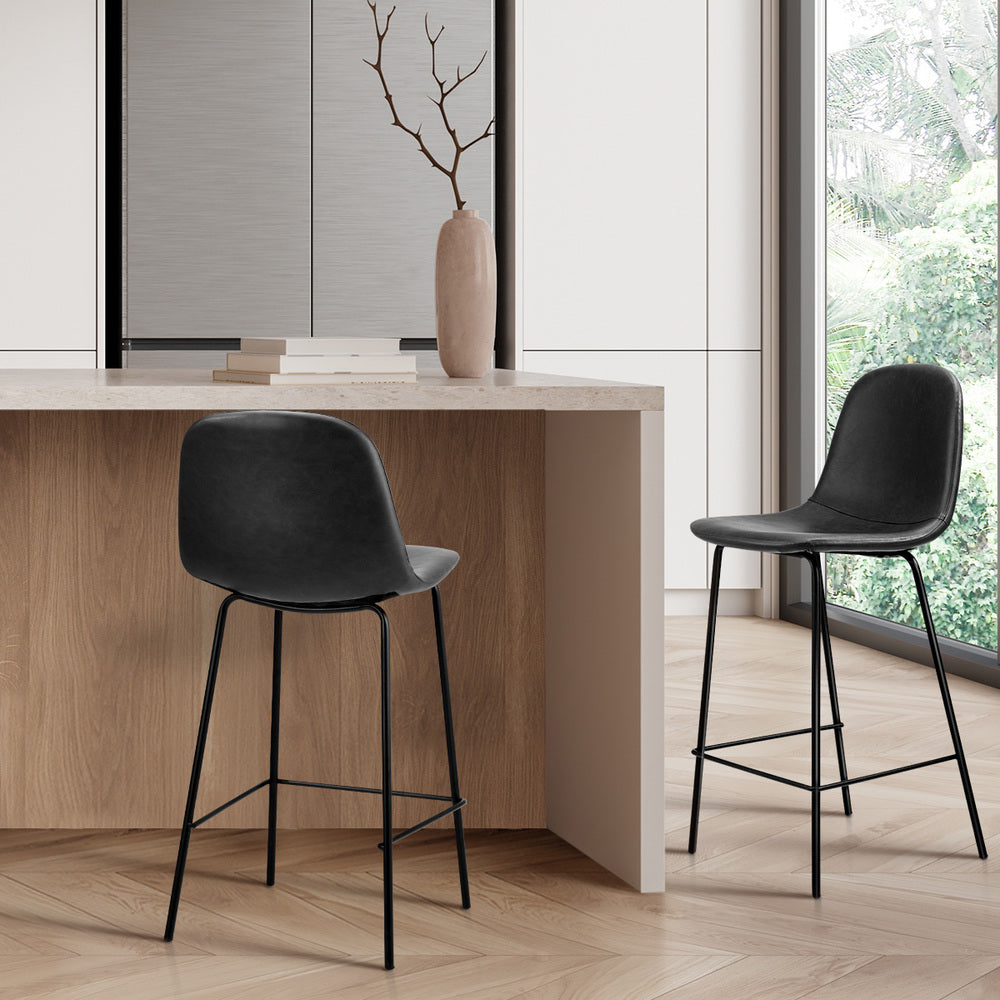 Oikiture 2x Bar Stools Kitchen Dining Chair PU Leather Black