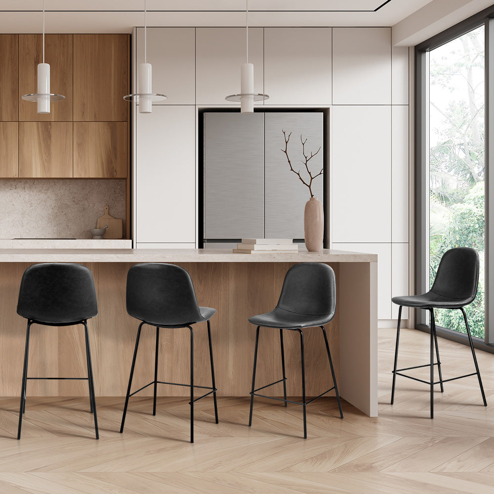 Oikiture 4x Bar Stools Kitchen Dining Chair PU Leather Black