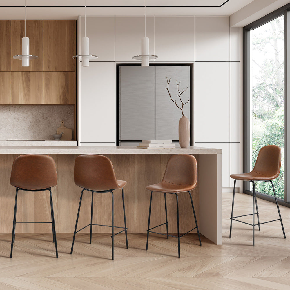 Oikiture 4x Bar Stools Kitchen Dining Chair PU Leather Brown