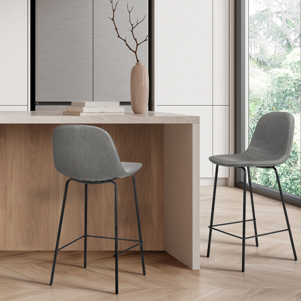 Oikiture 2x Bar Stools Kitchen Dining Chair PU Leather Grey