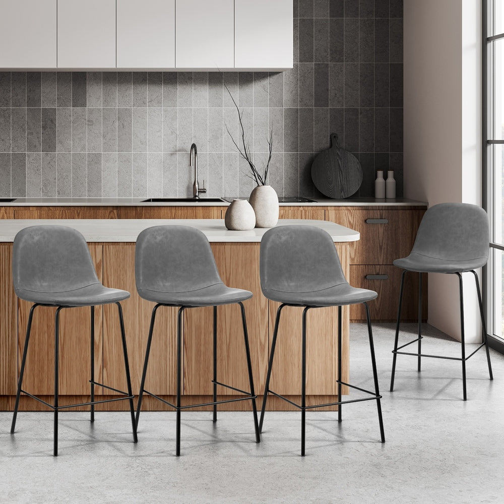 Oikiture 4x Bar Stools Kitchen Dining Chair PU Leather Grey