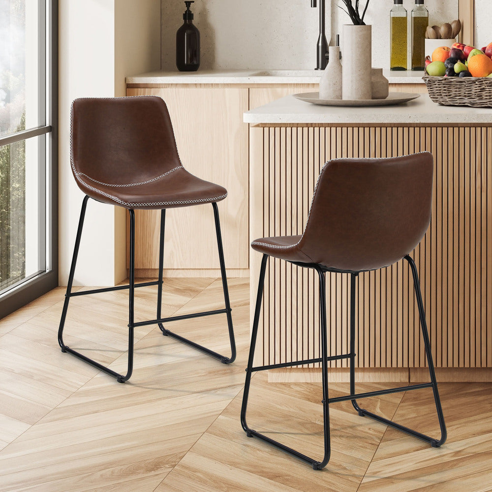Oikiture 2x Bar Stools Leather Padded Stool Brown