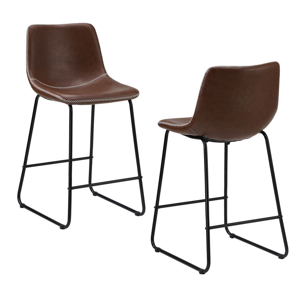 Oikiture 2x Bar Stools Leather Padded Stool Brown