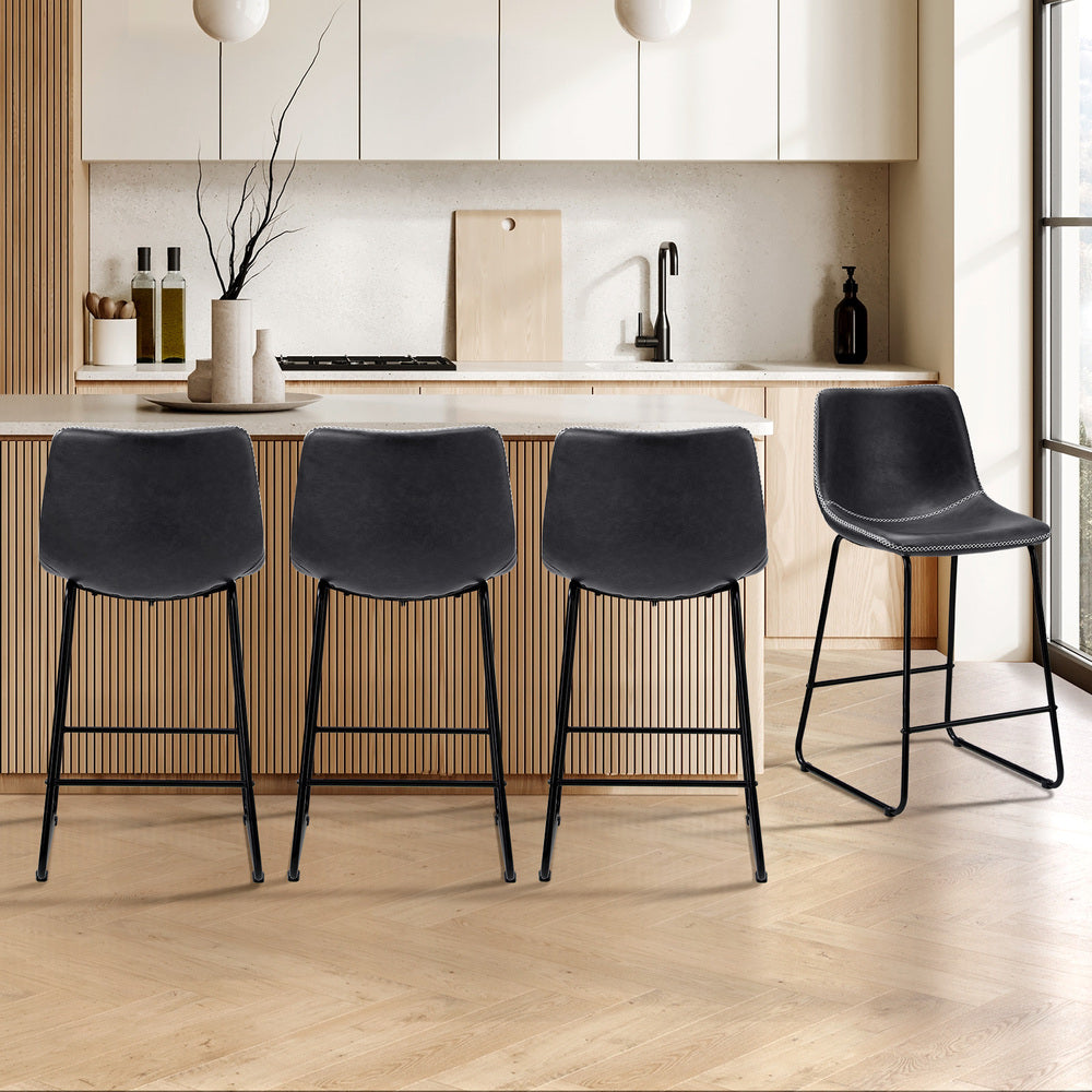Oikiture 4x Bar Stools Kitchen Stool Metal Leather Grey