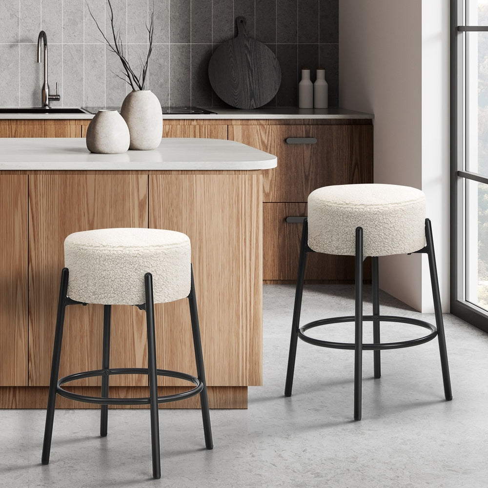 Oikiture 2x Bar Stools Kitchen Round Stool Boucle Fabric White