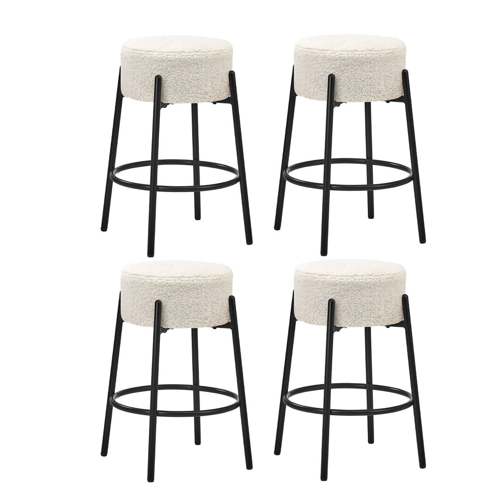 Oikiture 4x Bar Stools Kitchen Round Stool Boucle Fabric White